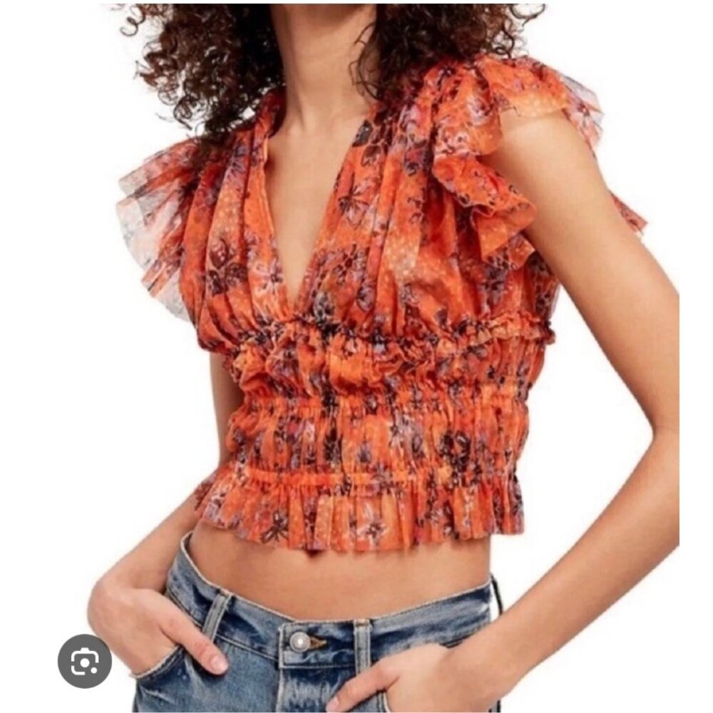 Free People Making Me Smile Floral Ruffle-Sleeve V-Neck Smocked Crop Top XS